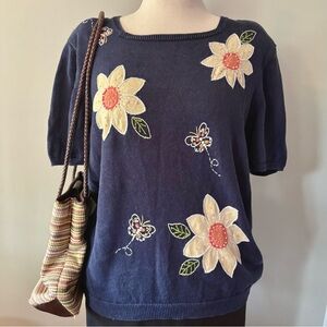 Vintage navy blue sunflower short sleeve sweater